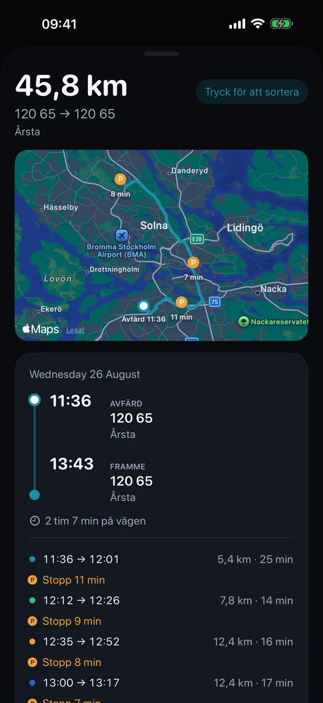 En körning — Tider, stopp och vilken sorts kilometer.