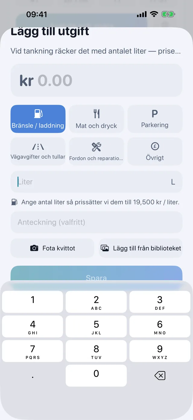 Kostnader — Bränsle, mat, parkering, vägavgifter.