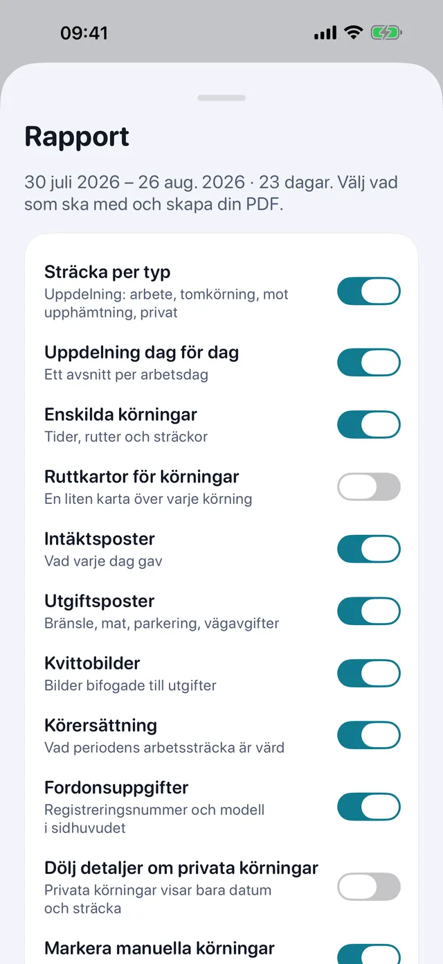 Rapporten bygger sig själv — Bocka för vad som ska med, välj stående eller liggande, så är PDF:en till revisorn redo att skickas.