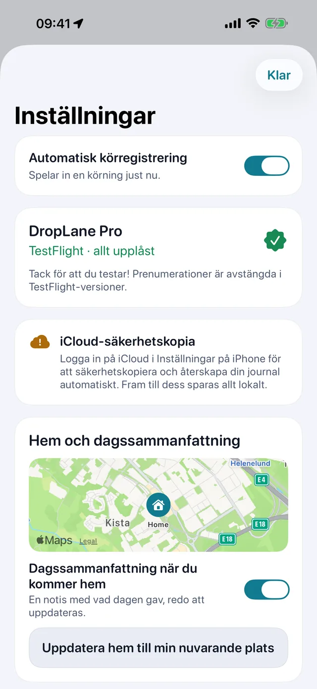 Inställningar — Kilometer eller miles. Ljust eller mörkt.