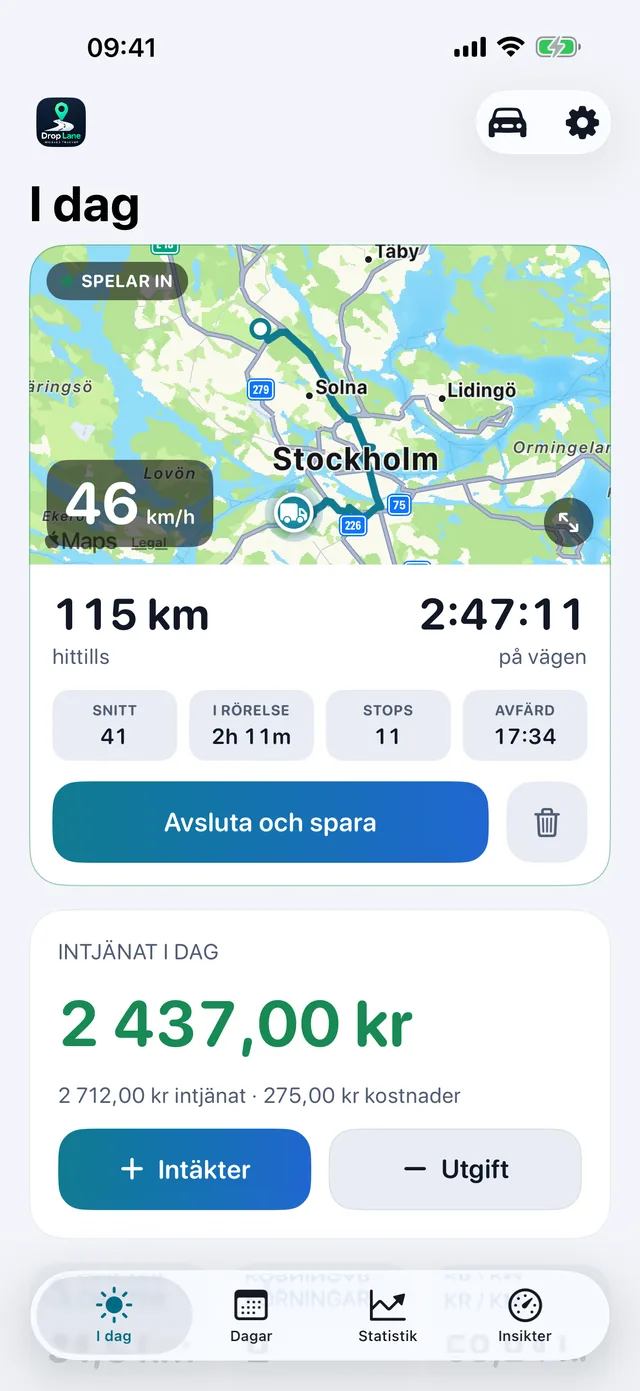 DropLanes I dag-skärm: en körning som registreras på kartan, med dagens sträcka, timmar och intäkter.