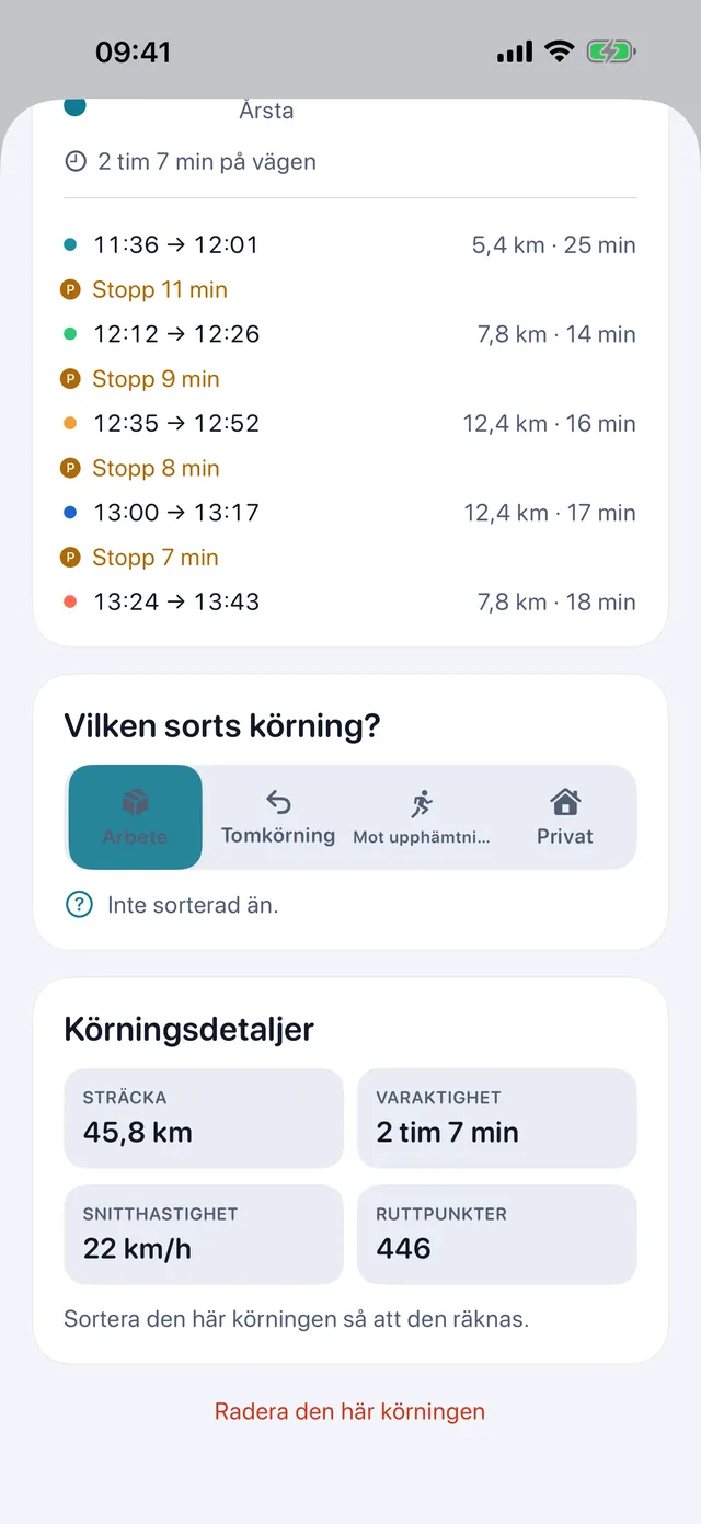 Sortera en körning — Arbete, tomkörning, mot upphämtning eller privat.