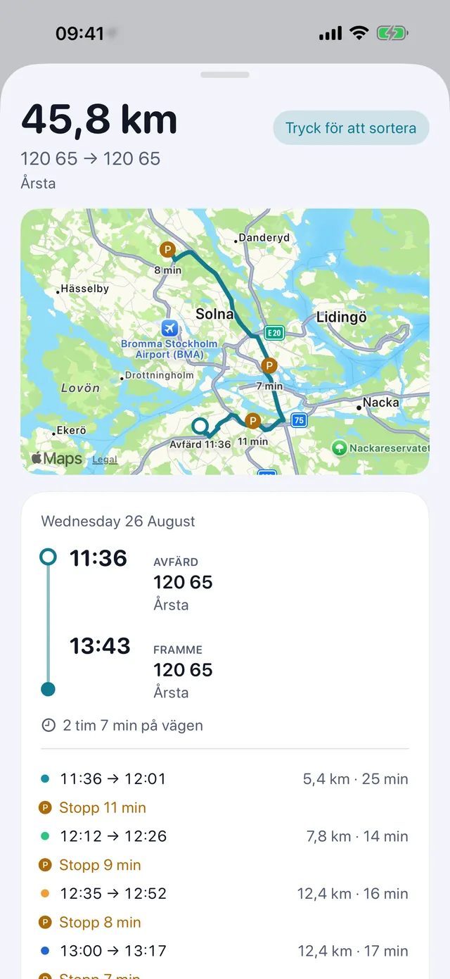En körning — Tider, stopp och vilken sorts kilometer.