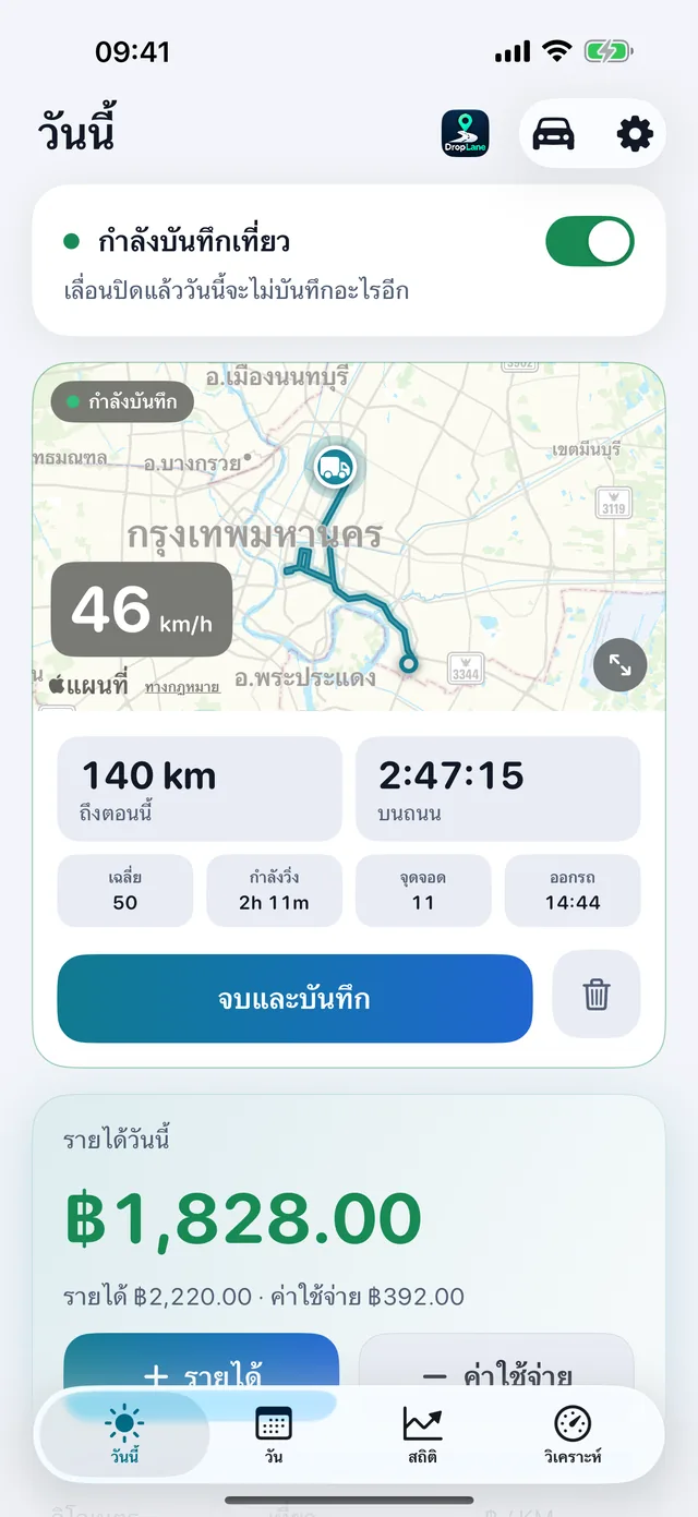 หน้าจอวันนี้: เที่ยวที่กำลังบันทึกและรายได้วันนี้
