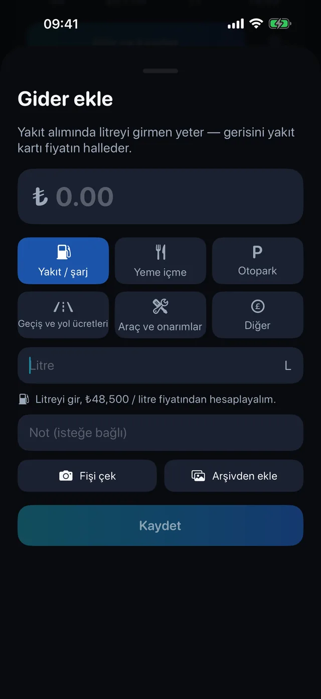 Giderler — Yakıt, yemek, otopark, geçiş ücretleri.