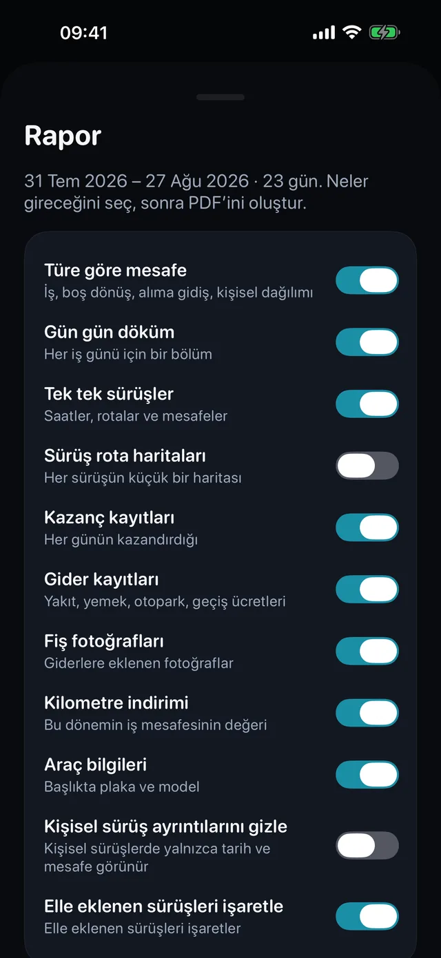 Rapor kendi kendini kuruyor — Neyin gireceğini işaretle, dikey mi yatay mı seç, muhasebeciye gidecek PDF gönderilmeye hazır.