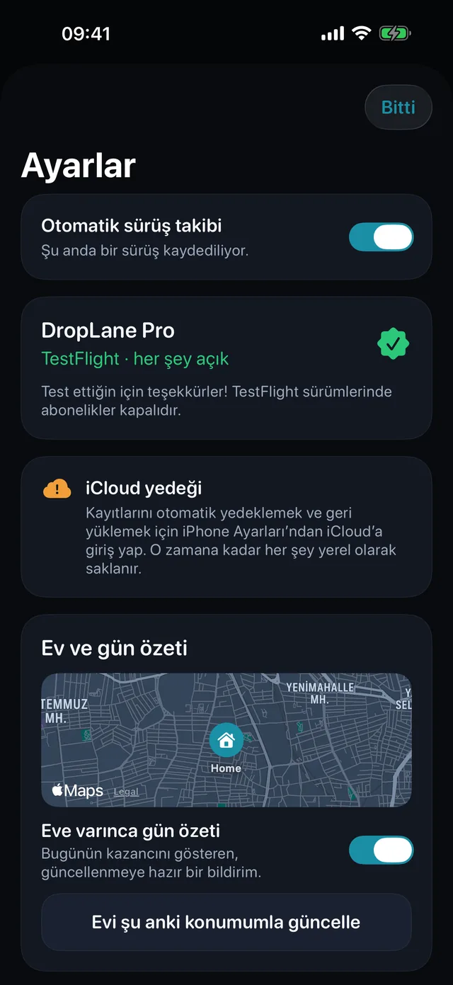 Ayarlar — Kilometre ya da mil. Açık ya da koyu.