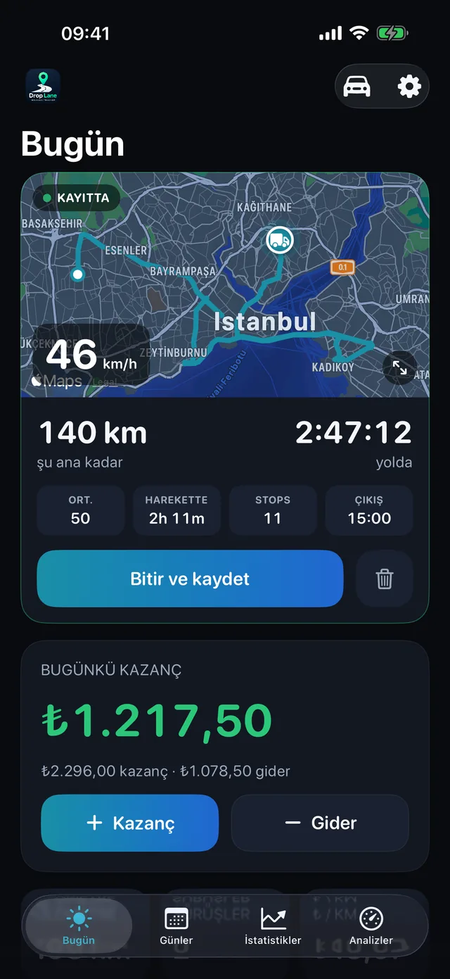 DropLane'in Bugün ekranı: haritada kaydedilen bir sürüş, günün mesafesi, saatleri ve kazancıyla.
