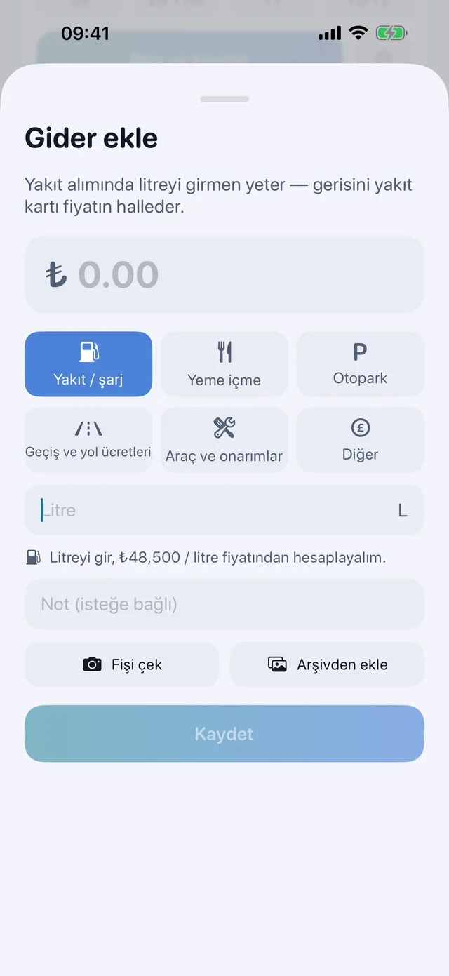 Giderler — Yakıt, yemek, otopark, geçiş ücretleri.