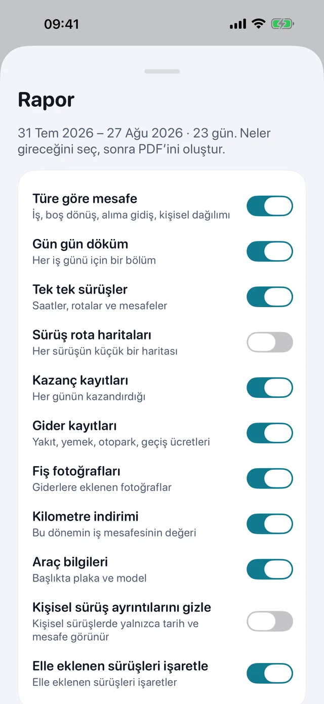 Rapor kendi kendini kuruyor — Neyin gireceğini işaretle, dikey mi yatay mı seç, muhasebeciye gidecek PDF gönderilmeye hazır.