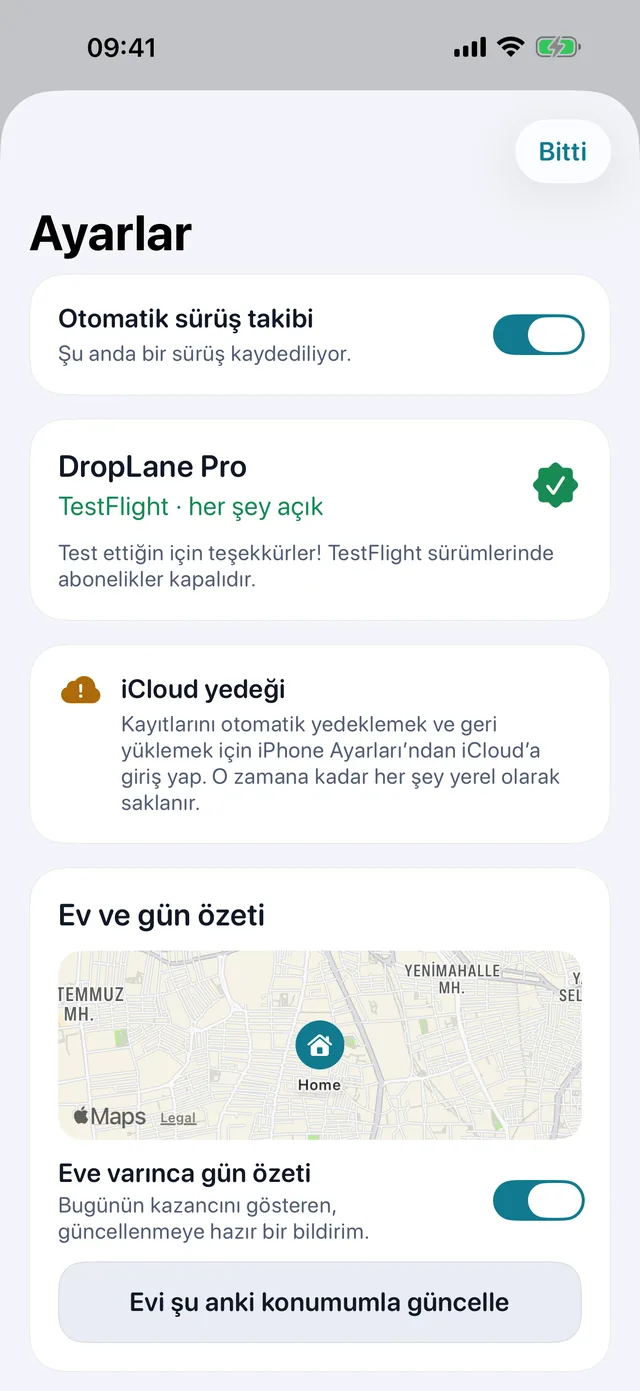 Ayarlar — Kilometre ya da mil. Açık ya da koyu.