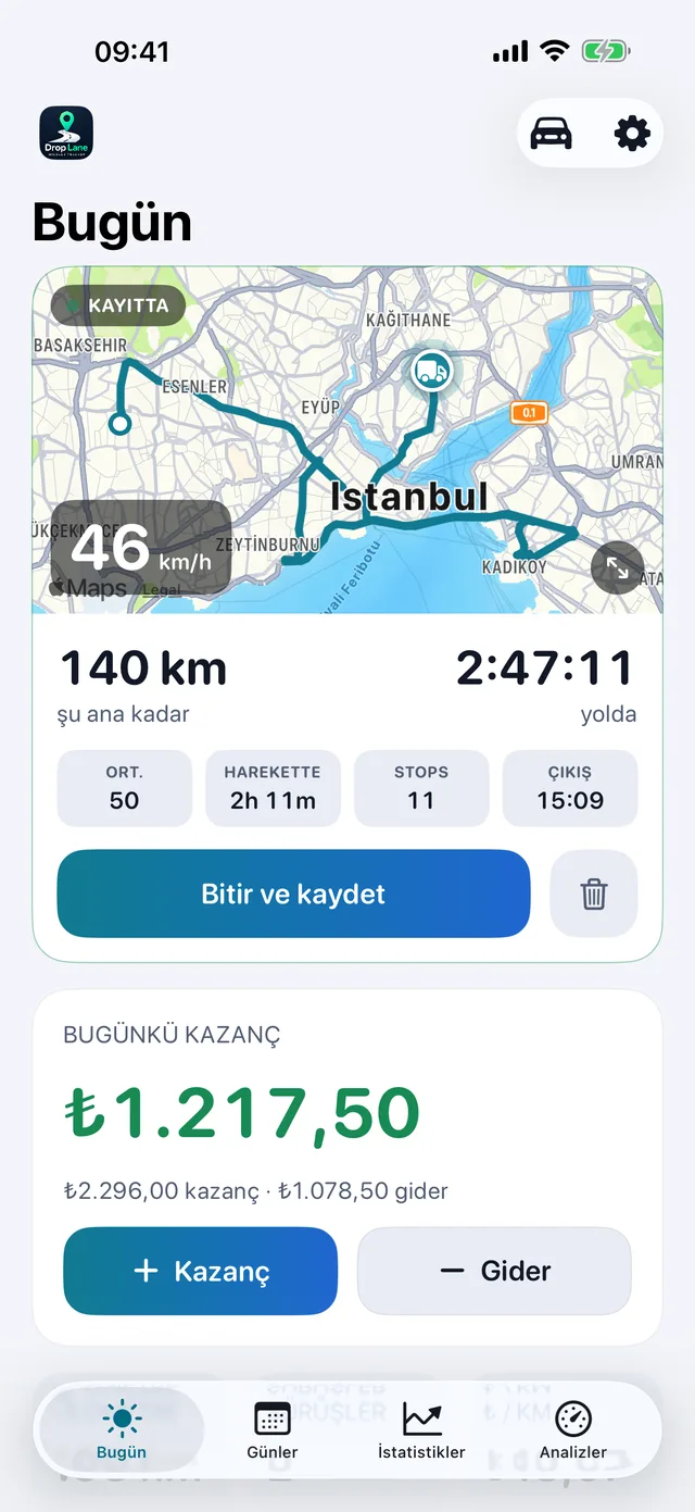 DropLane'in Bugün ekranı: haritada kaydedilen bir sürüş, günün mesafesi, saatleri ve kazancıyla.