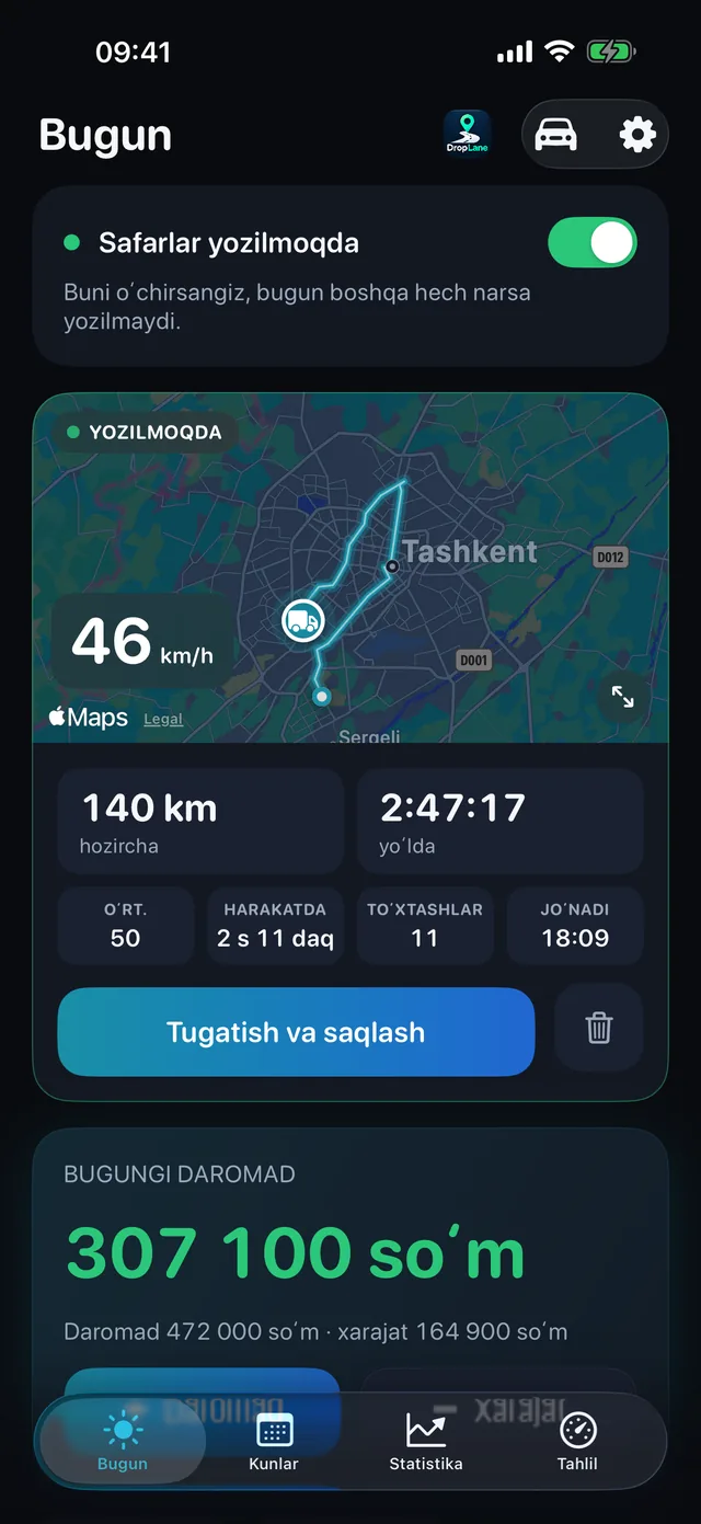 DropLane’ning “Bugun” ekrani: xaritada safar yozib olinmoqda, yonida kunning masofasi, soatlari va daromadi.