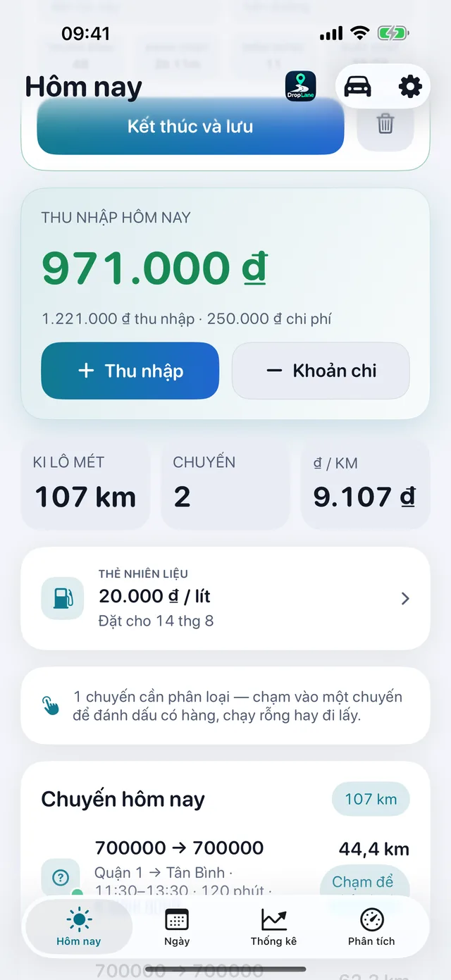 Thu nhập hôm nay — Thu nhập trừ chi phí, thực nhận.