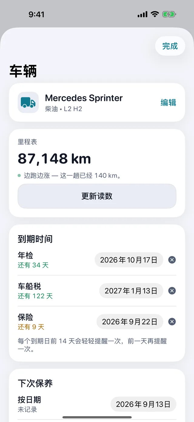 车辆 — 检验、路税、保险，赶在到期之前。