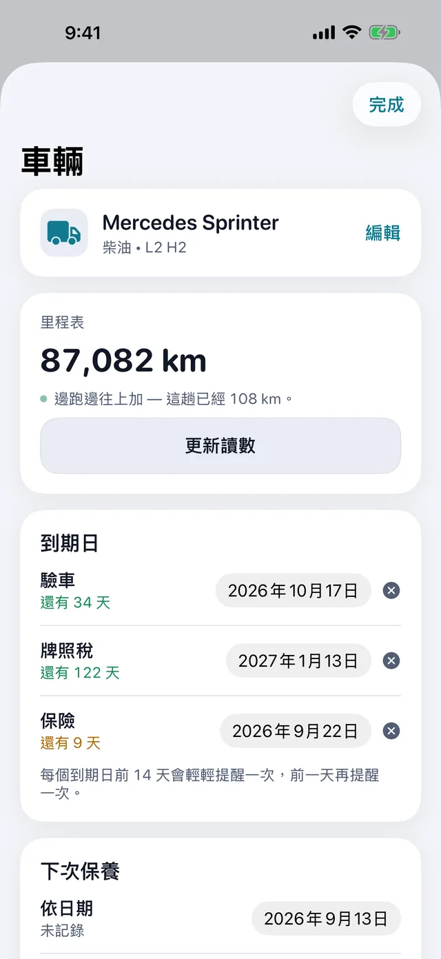 車輛 — 驗車、牌照稅、保險，趕在到期之前。
